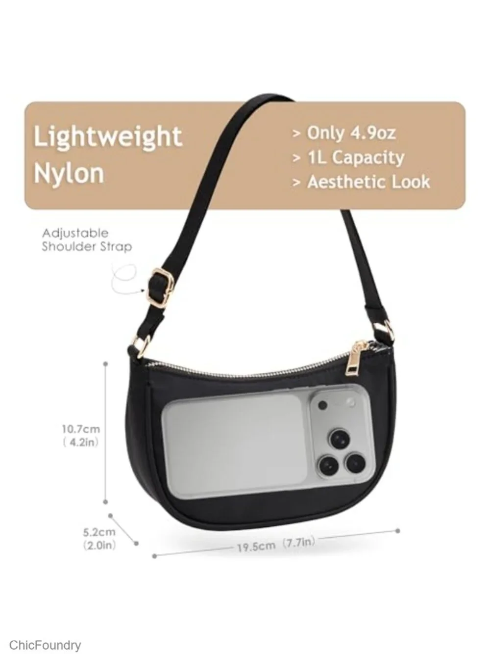 Nylon Small Shoulder Bag for Women with Adjustable Strap, 1L Lightweight Purse